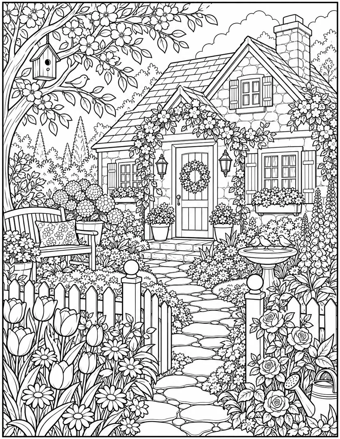 Spring cottage garden coloring page for adults