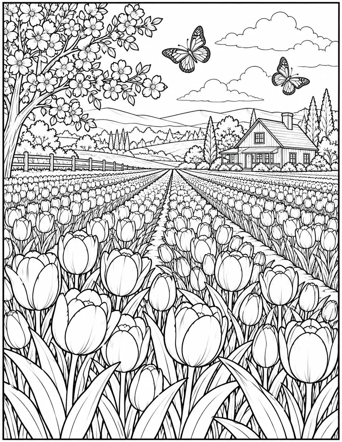 Tulip field coloring page for adults