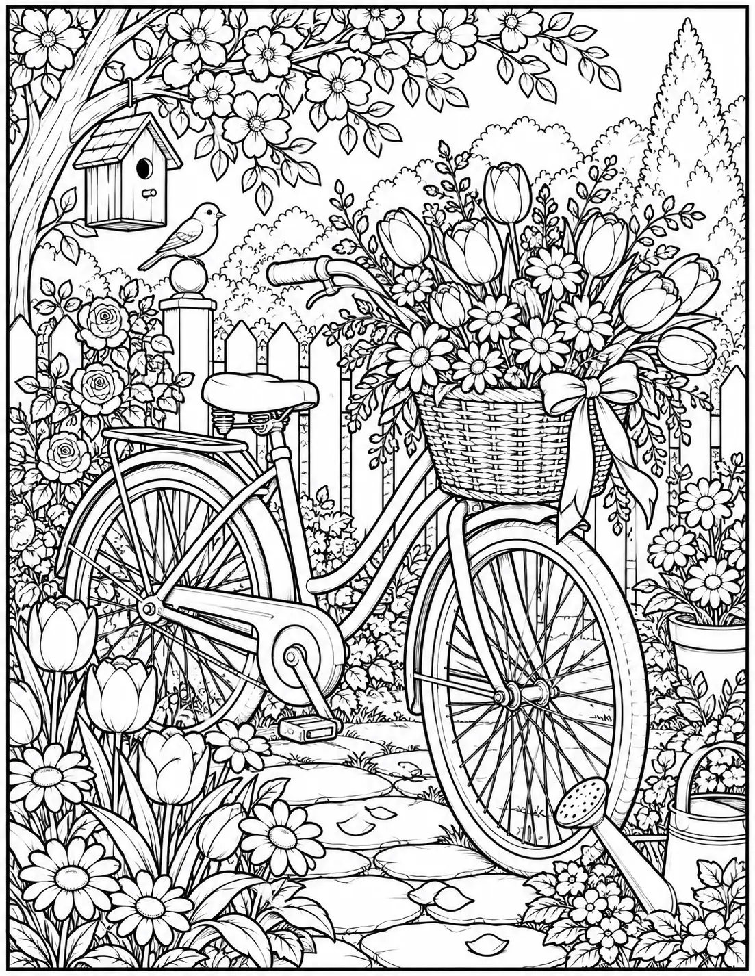 Flower bicycle coloring page for adults