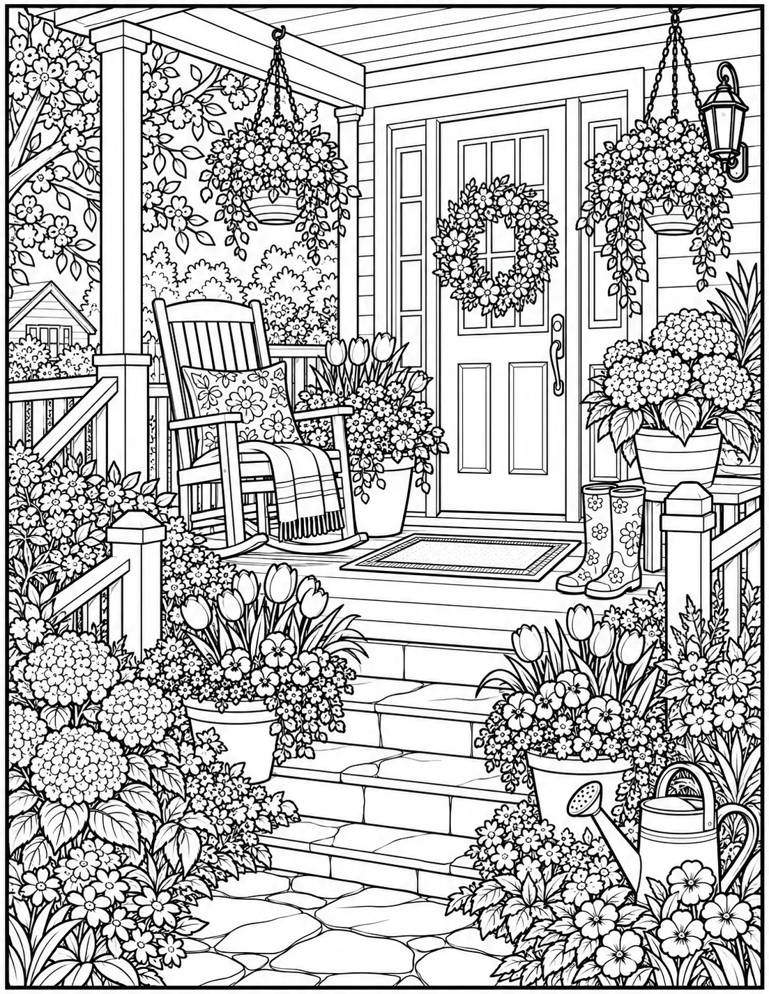 Spring porch coloring page for adults