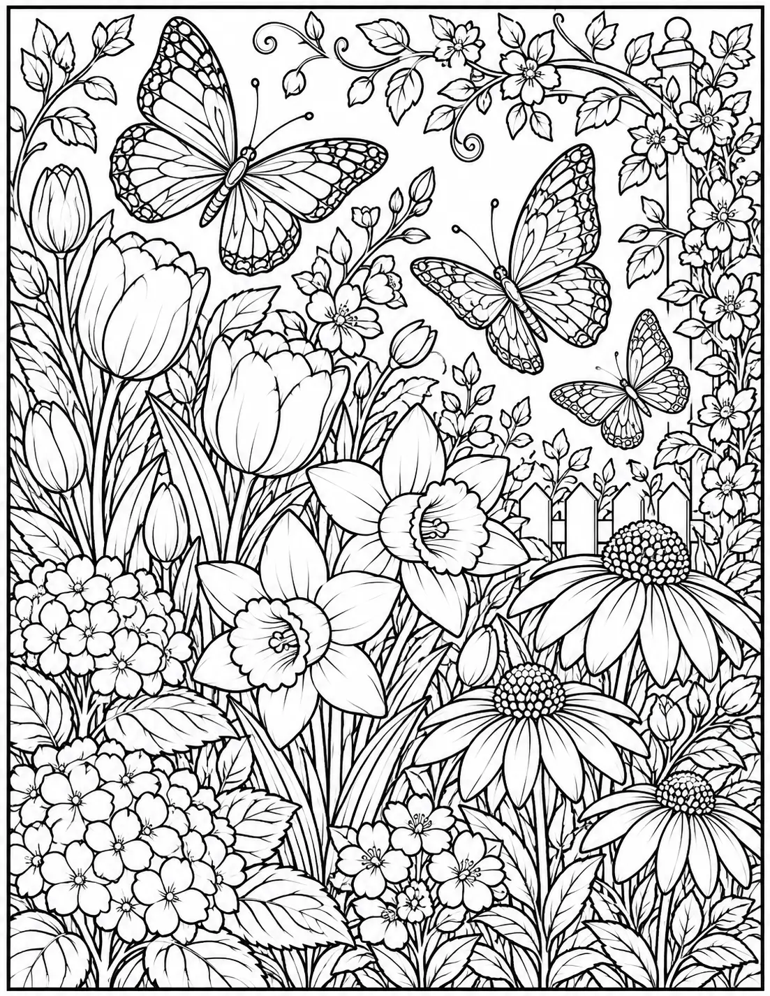 Butterfly garden coloring page for adults