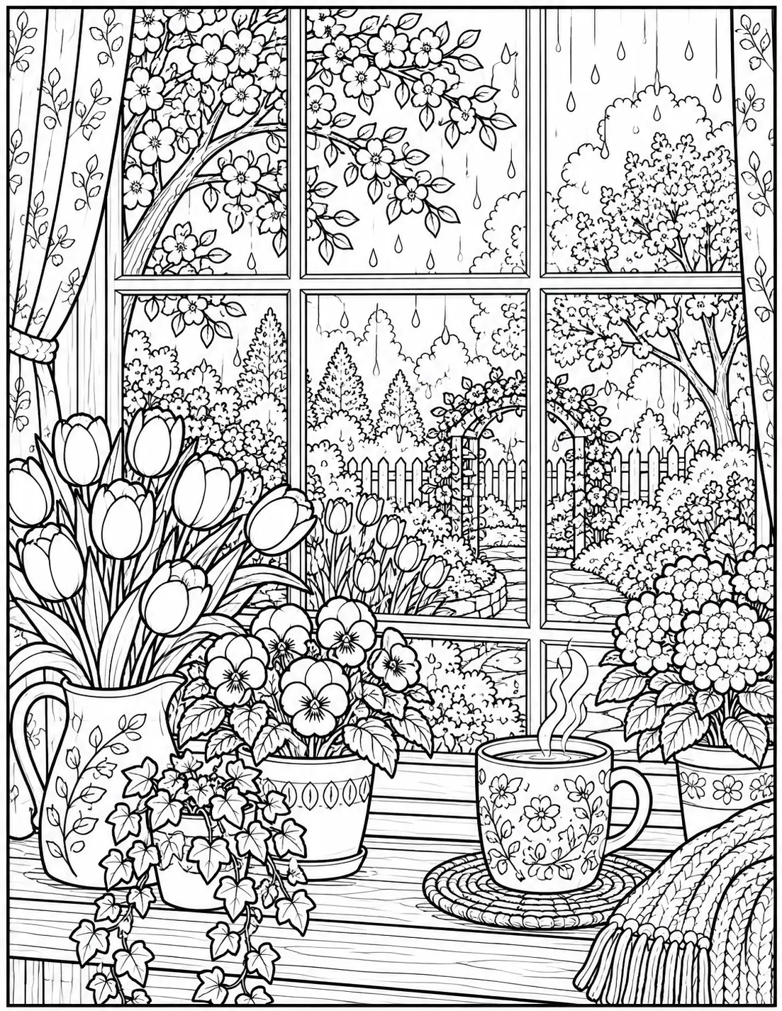Rainy spring window coloring page for adults