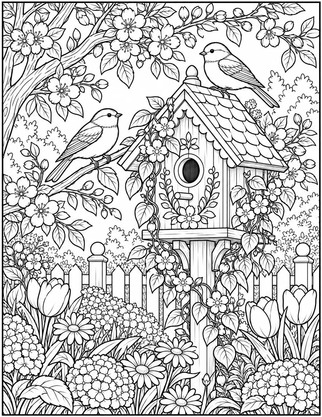 Garden birdhouse coloring page for adults
