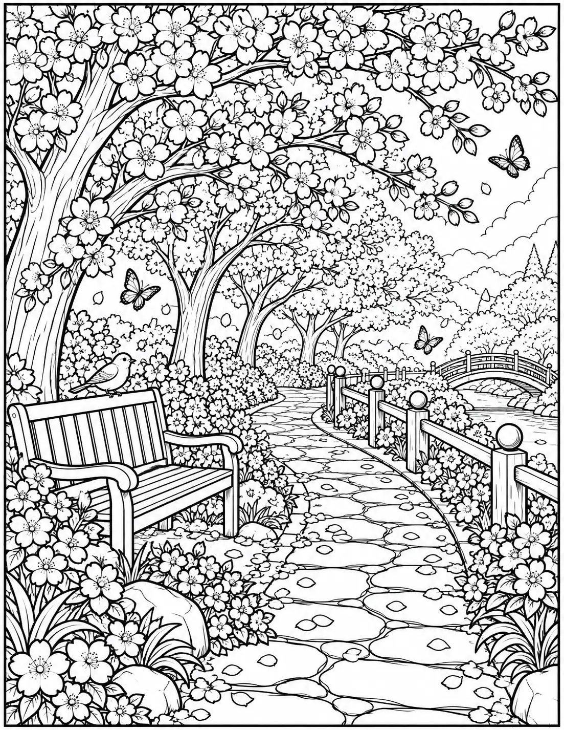 Cherry blossom path coloring page for adults