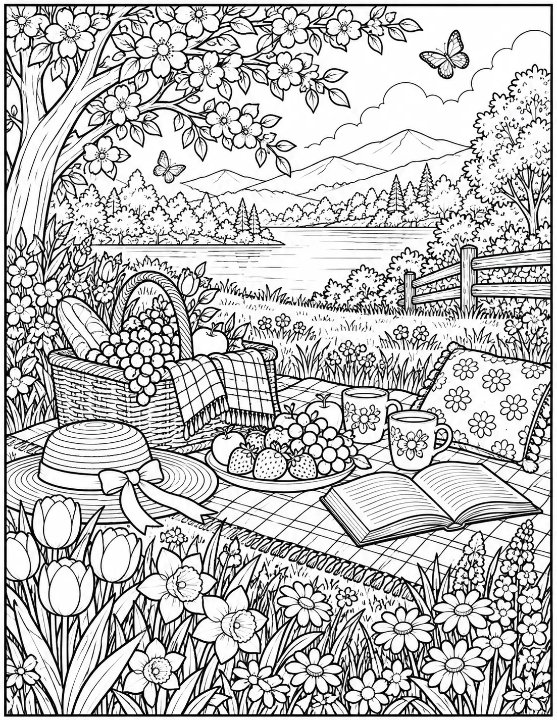 Spring picnic coloring page for adults