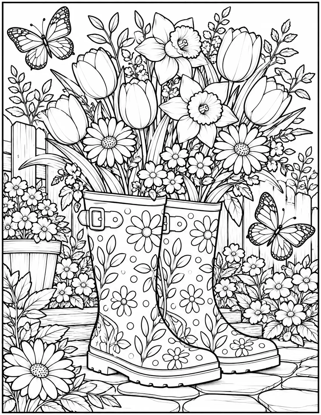 Flower rain boots coloring page for adults