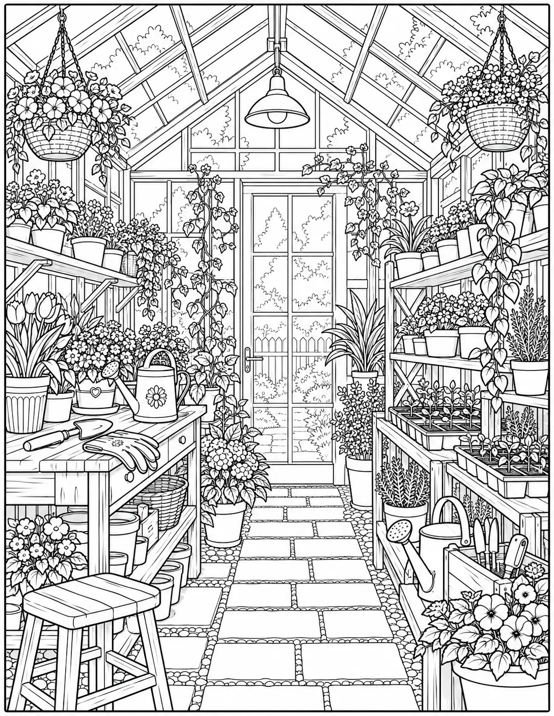 Spring greenhouse coloring page for adults