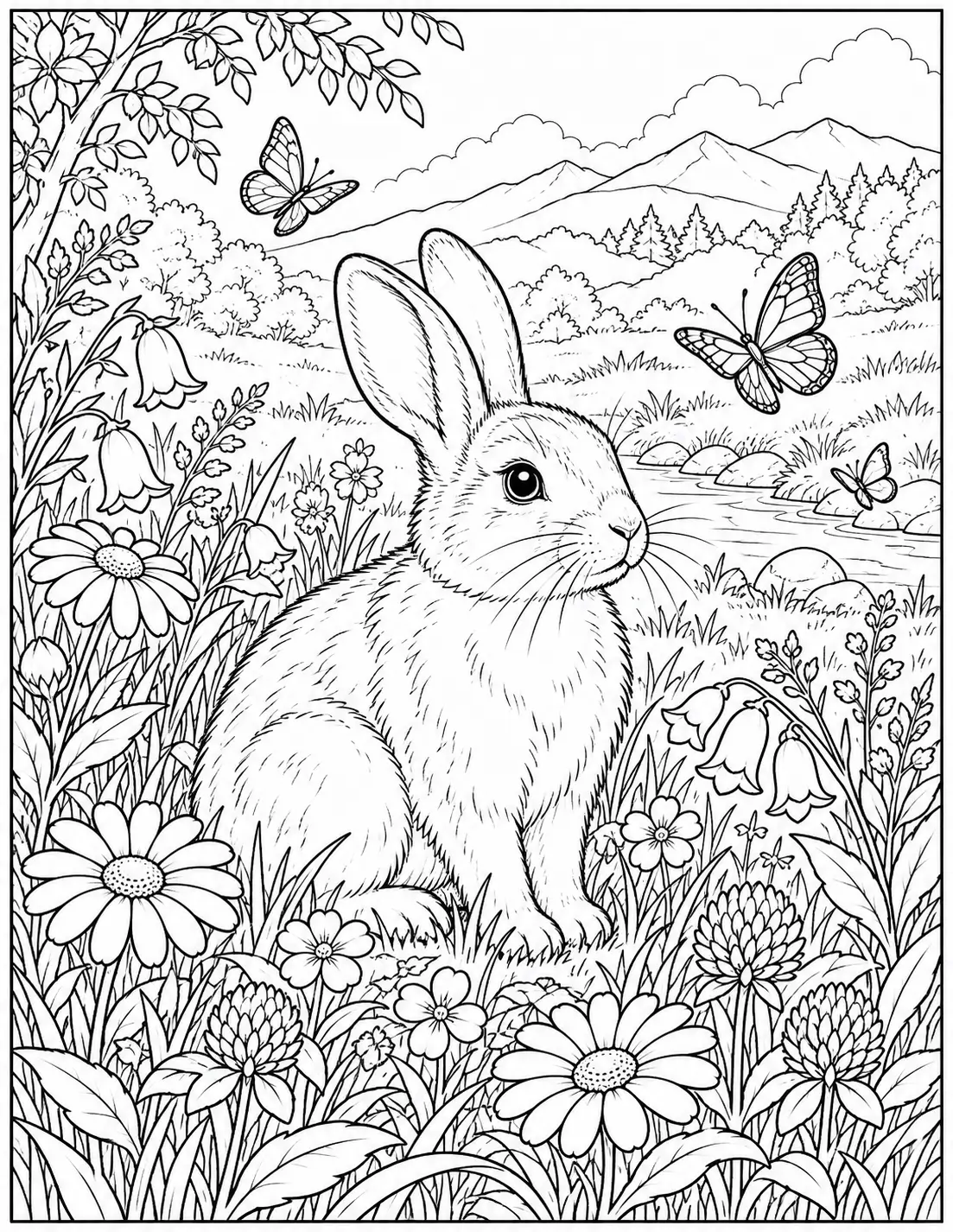 Bunny meadow coloring page for adults