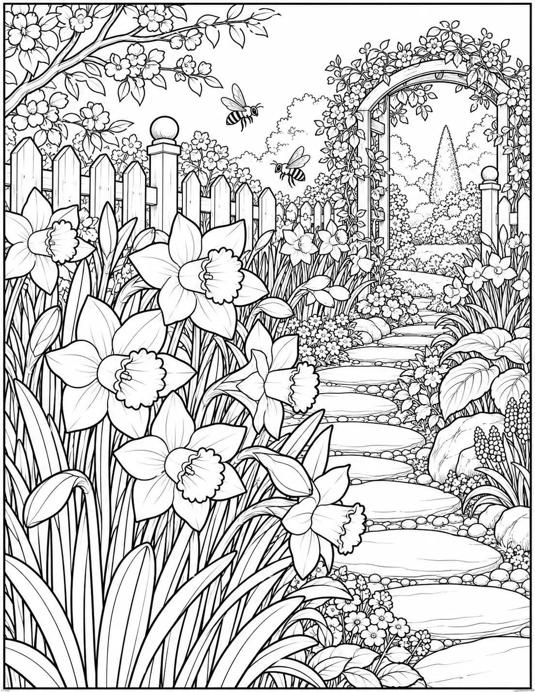 Daffodil garden coloring page for adults