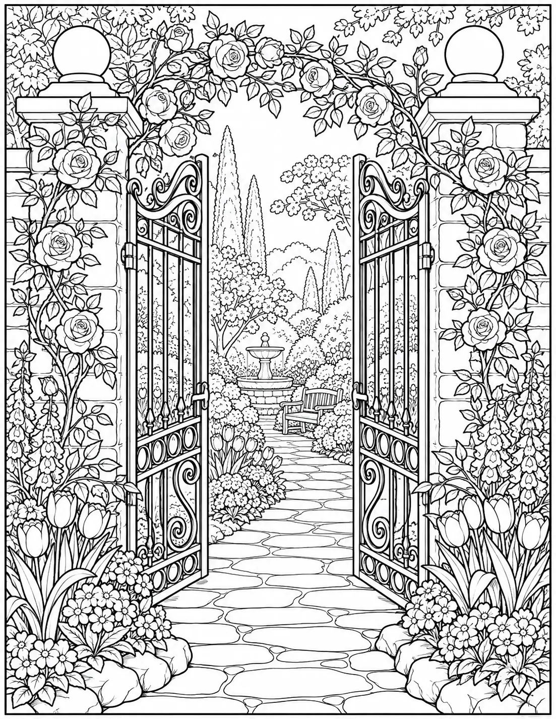 Rose garden gate coloring page for adults