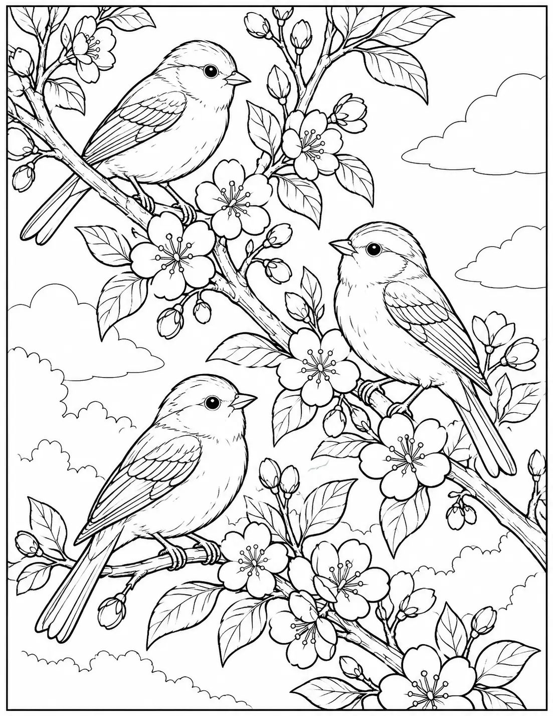 Blossom branch birds coloring page for adults