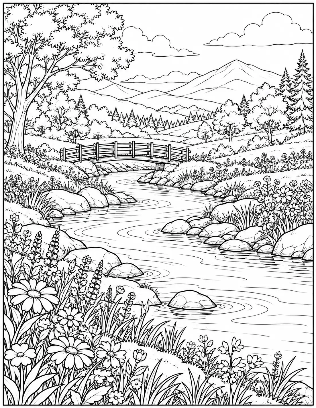 Spring river coloring page for adults