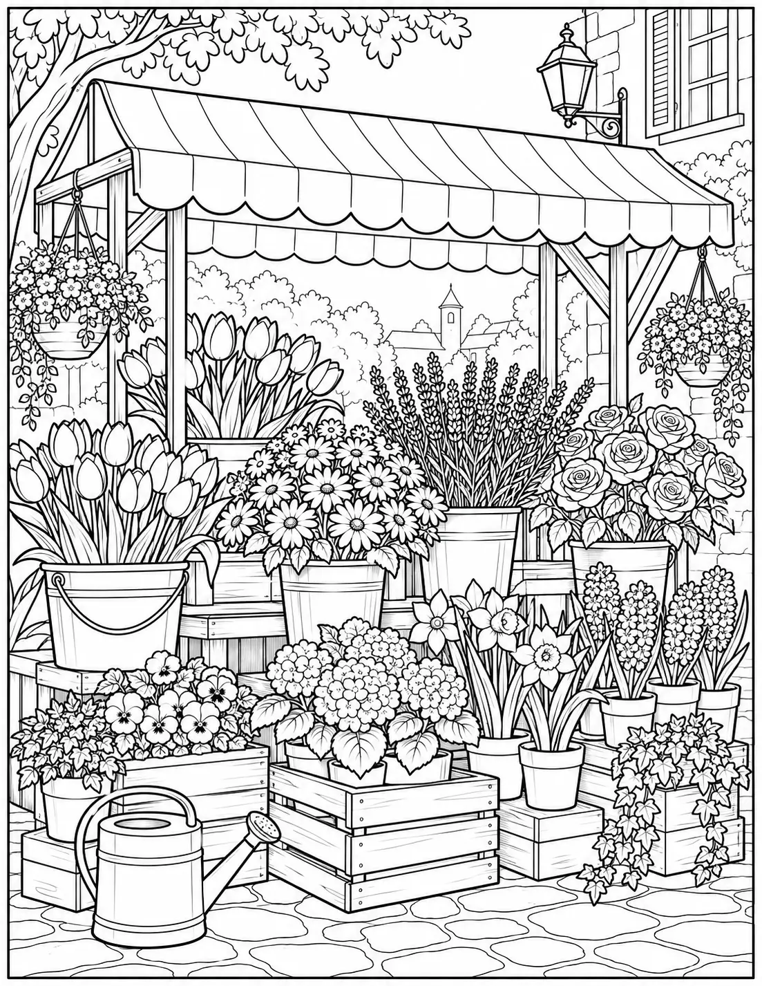 Flower market coloring page for adults