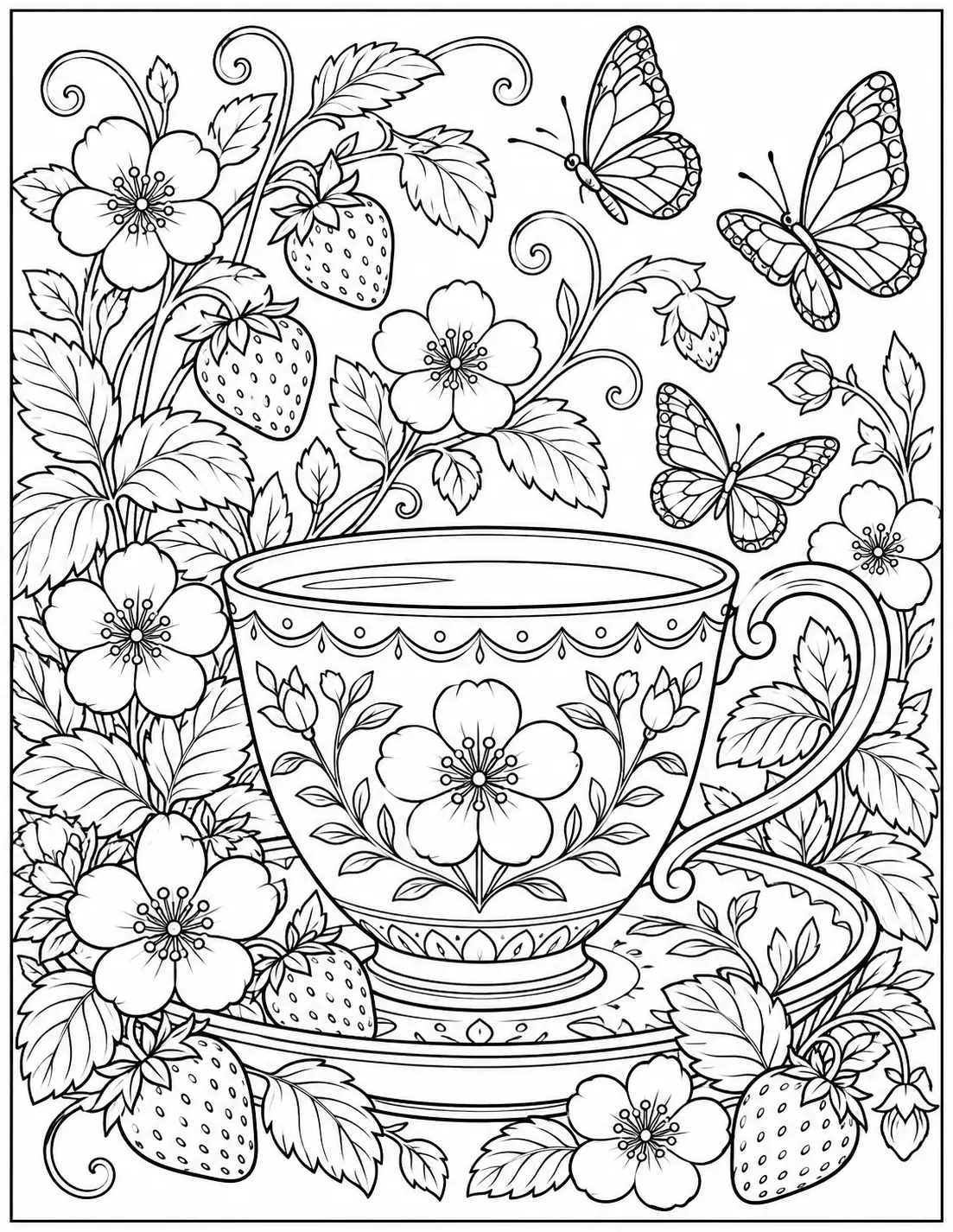 Spring teacup coloring page for adults