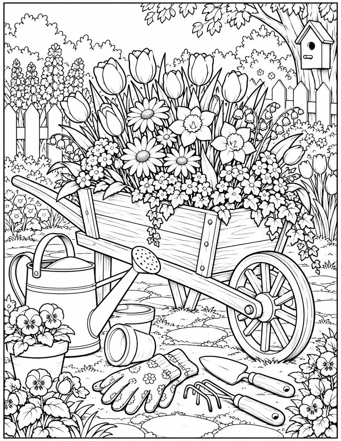 Flower wheelbarrow coloring page for adults