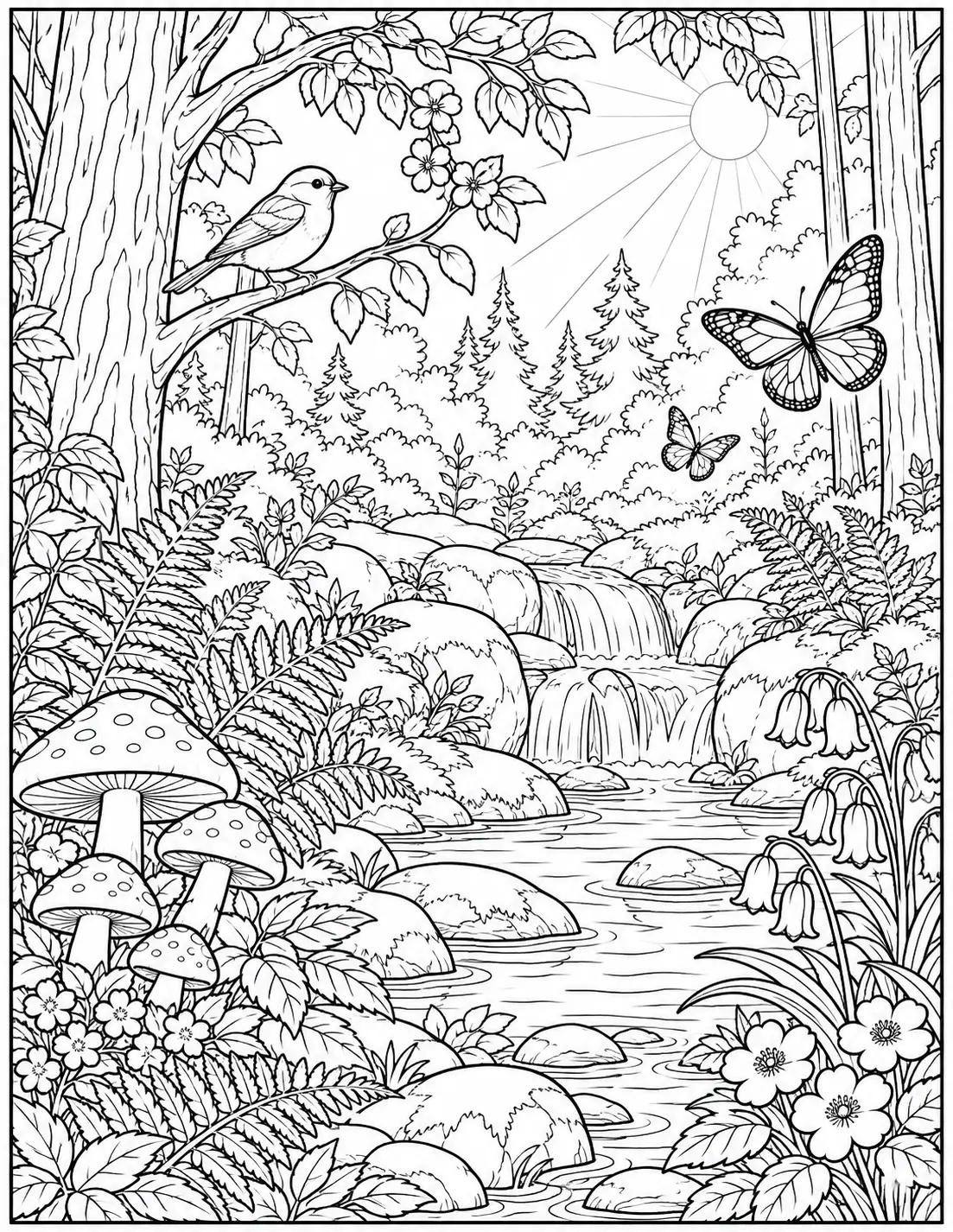 Spring woodland coloring page for adults