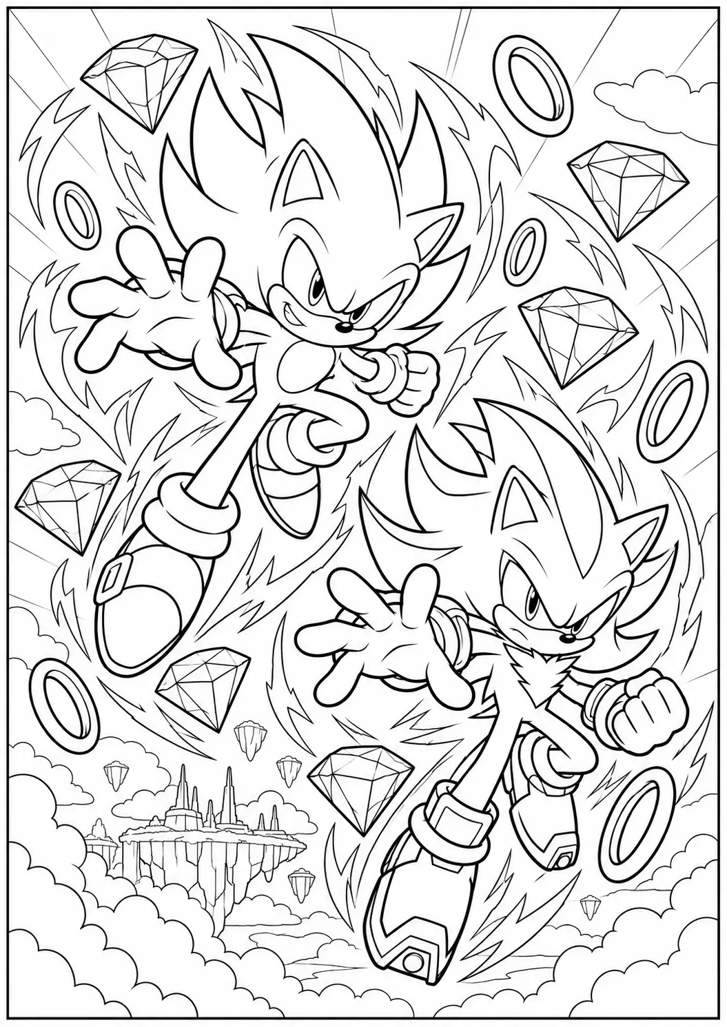 Sonic and Shadow surrounded by energy and Chaos Emeralds coloring page