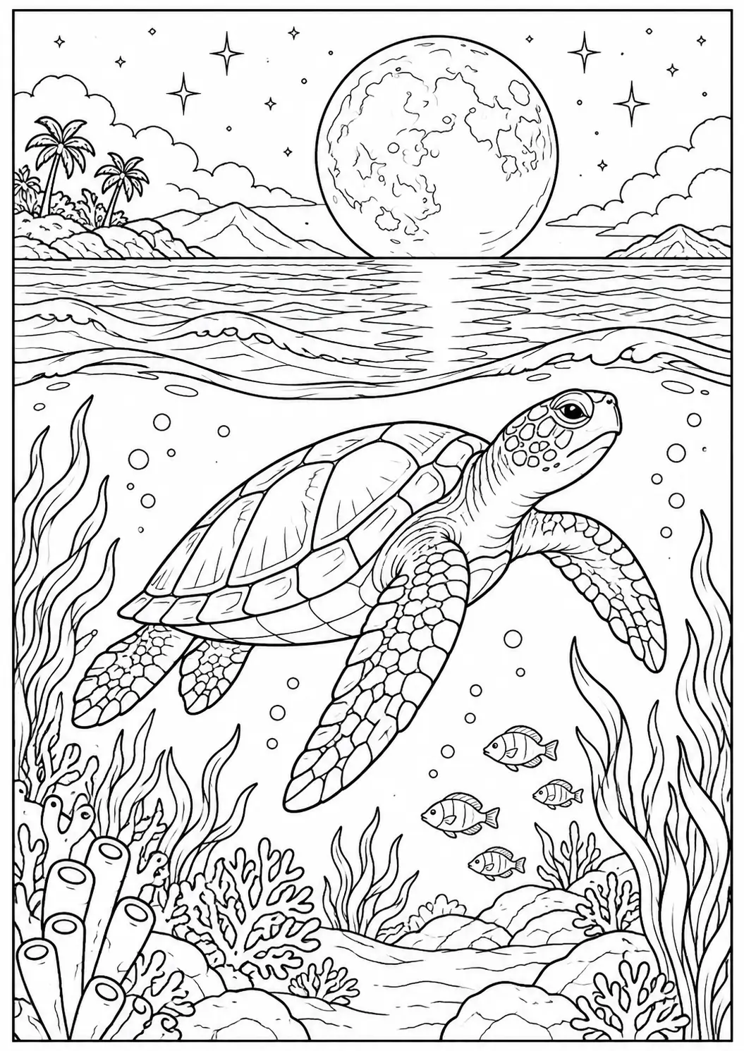 Sea turtle in a coral garden coloring page for adults