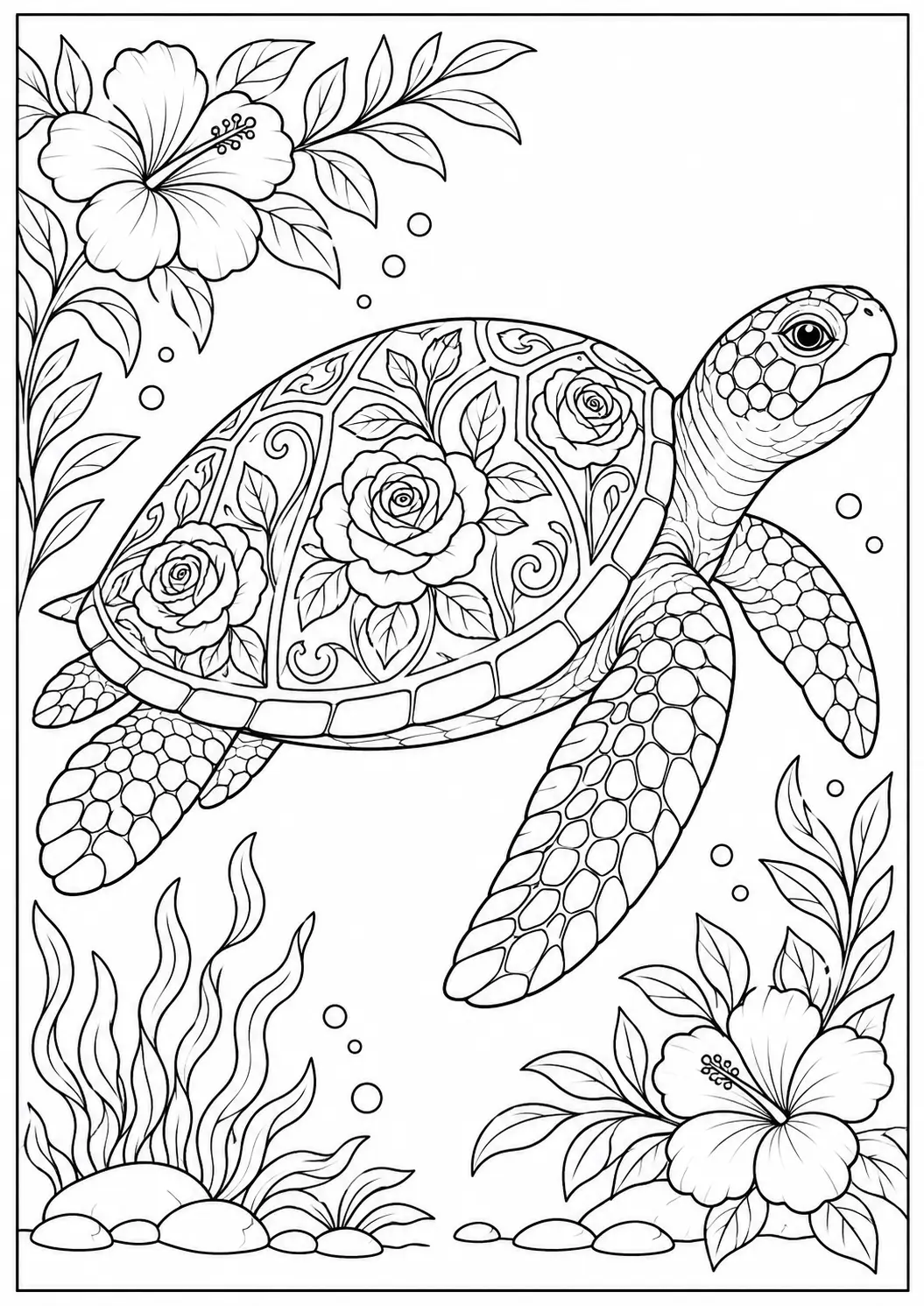 Tropical flower turtle coloring page for adults
