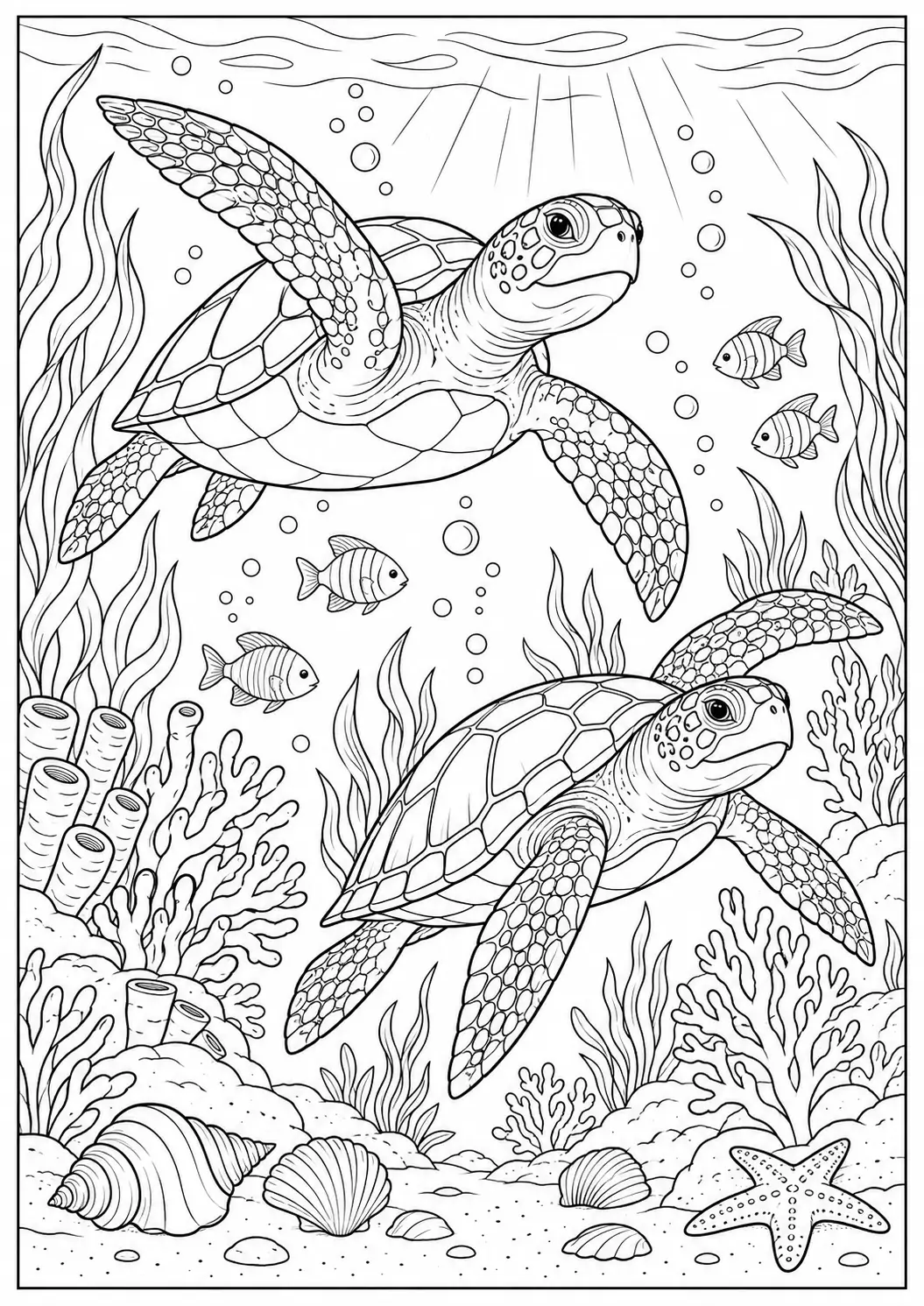 Turtle and jellyfish underwater coloring page for adults