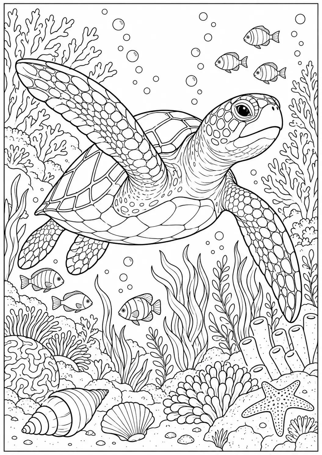 Sea turtle swimming over a coral reef coloring page for adults