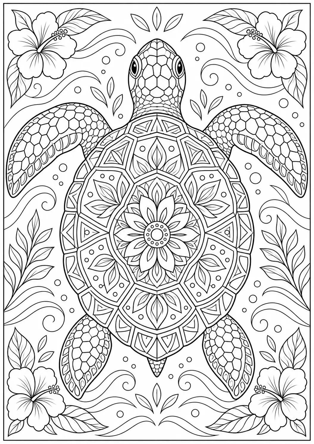 Floral shell turtle coloring page for adults