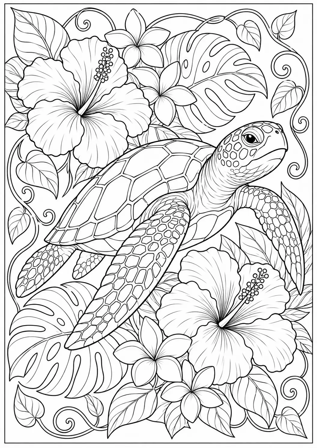 Two sea turtles swimming together coloring page for adults