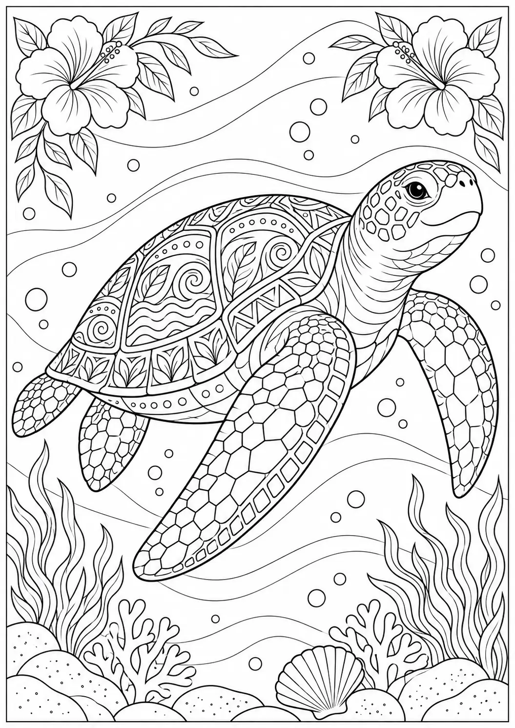 Sea turtle and sunken treasure coloring page for adults