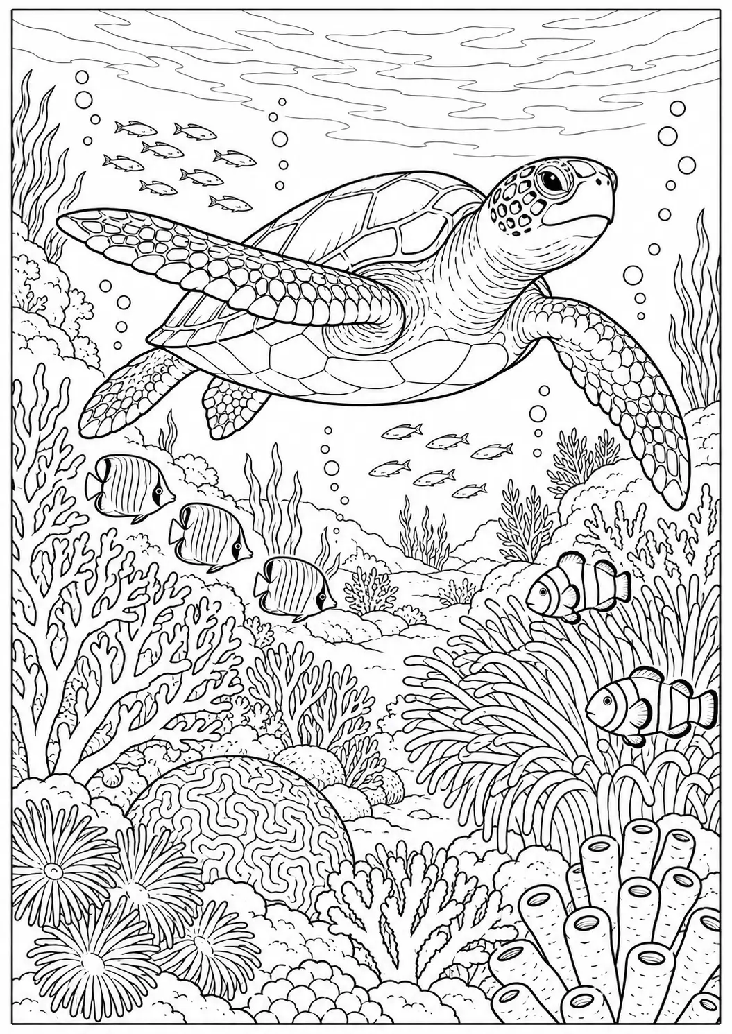 Moonlit ocean turtle coloring page for adults