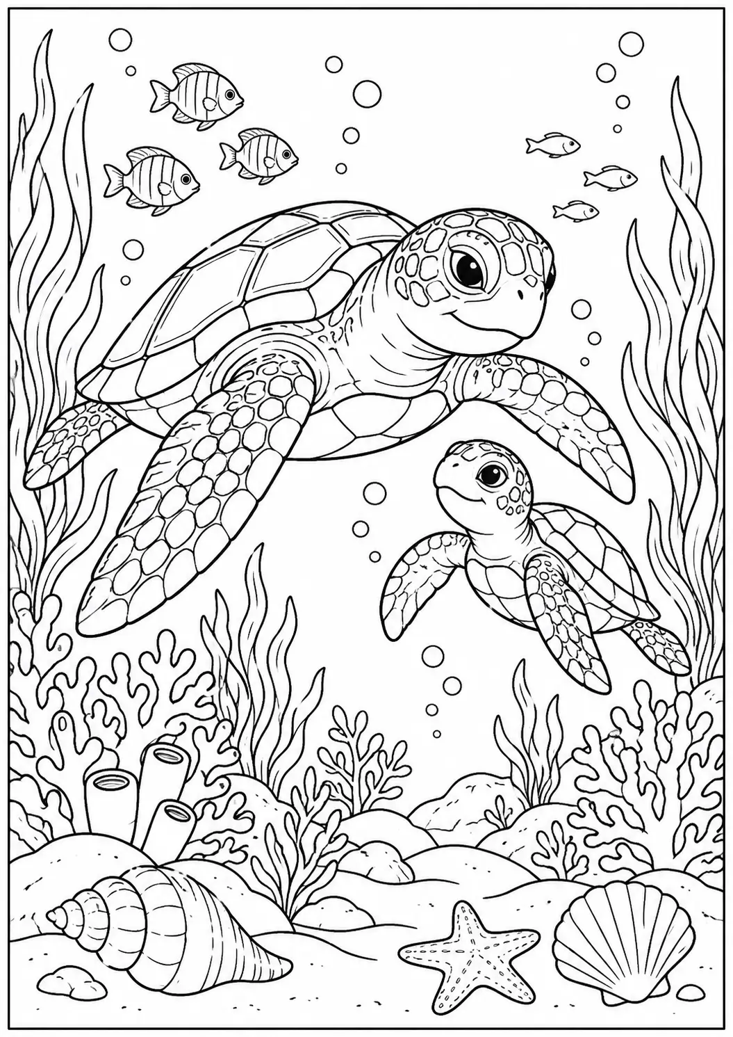 Sea turtle in a kelp forest coloring page for adults