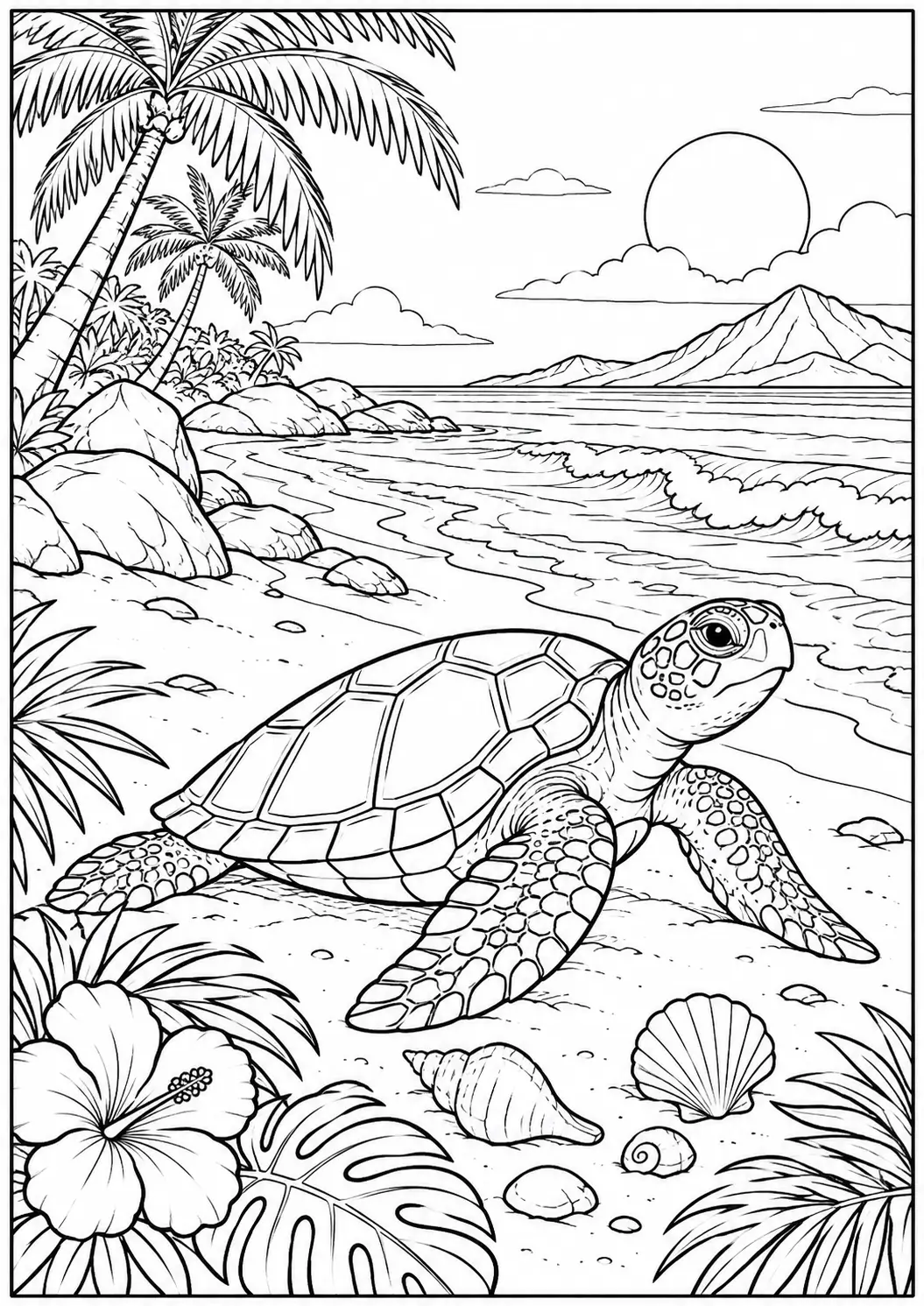 Sea turtle surrounded by seashells coloring page for adults