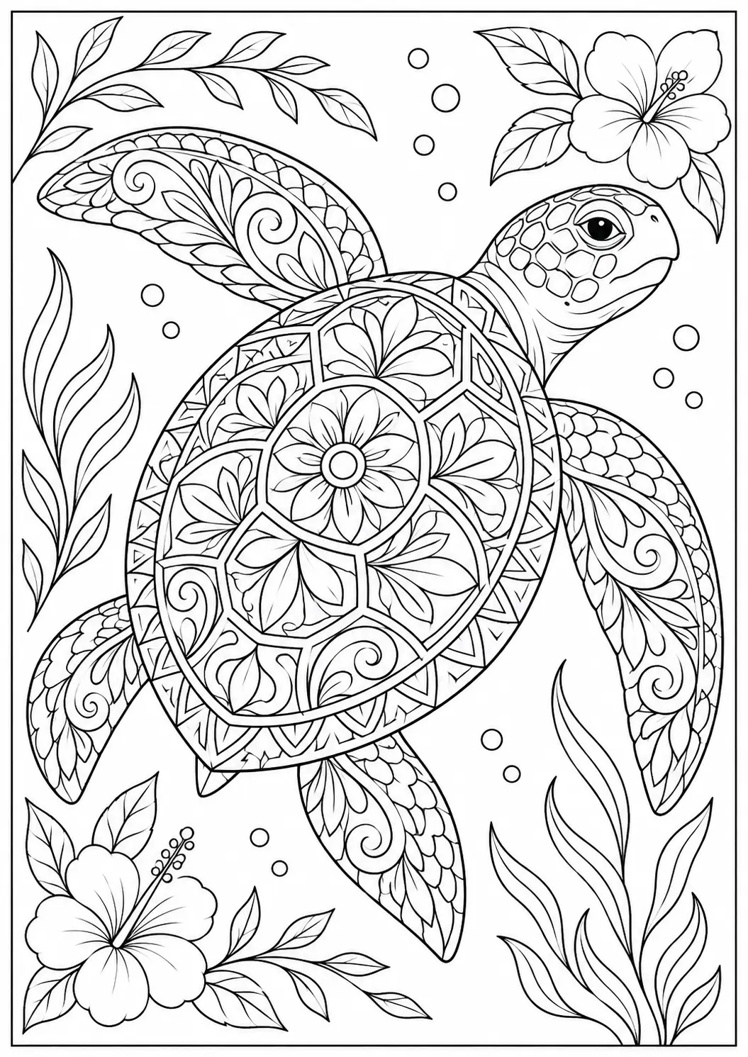 Tropical beach turtle coloring page for adults