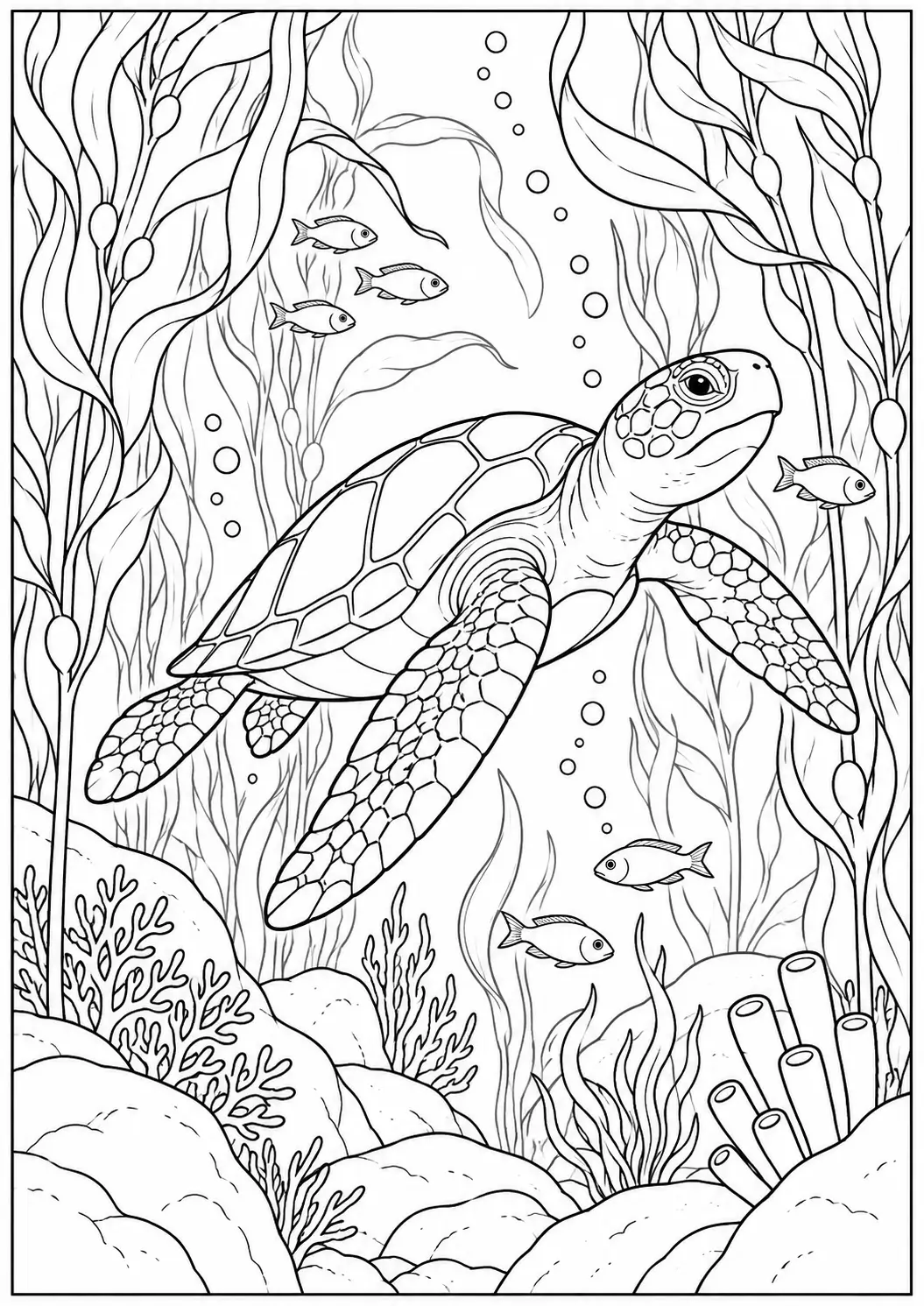 Turtle among lotus flowers coloring page for adults