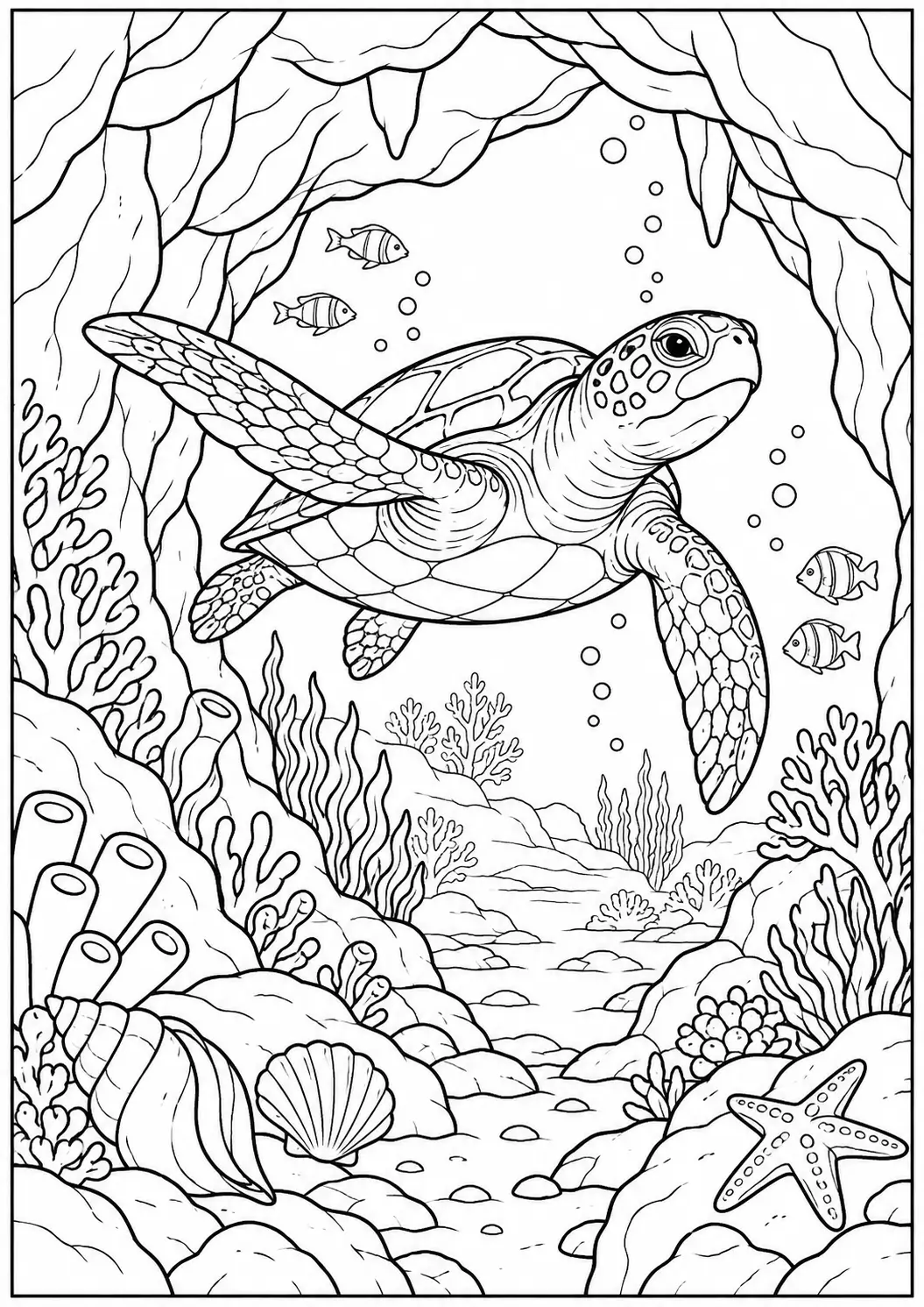 Sea turtle and dolphins underwater coloring page for adults