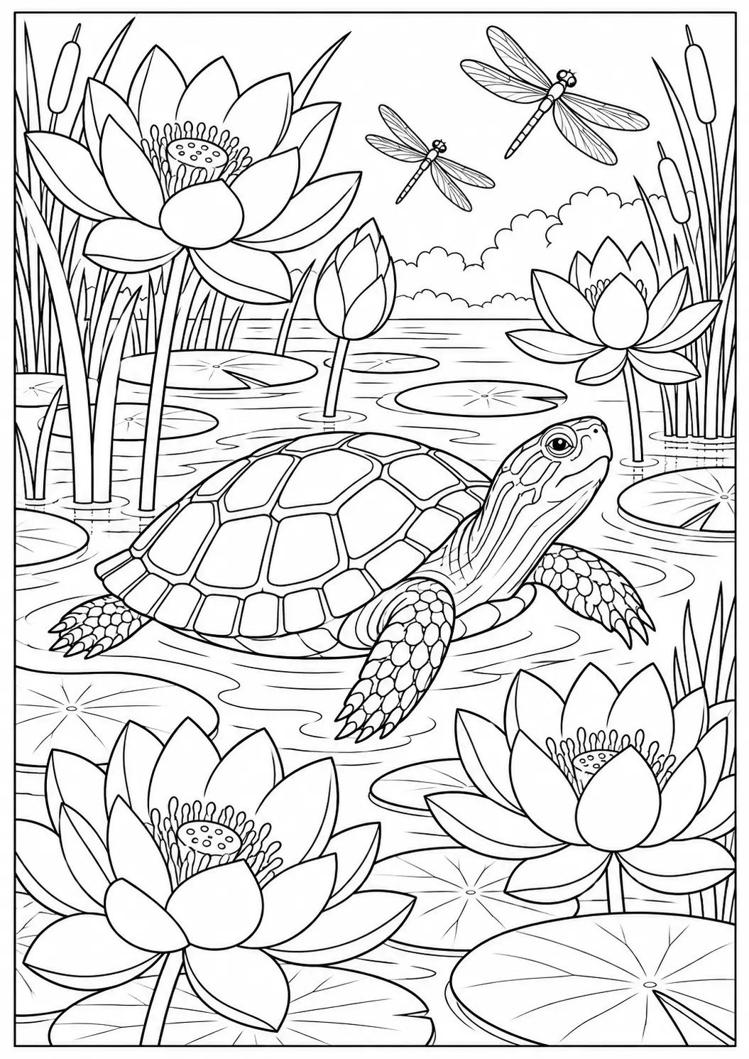 Sea turtle in an underwater cave coloring page for adults