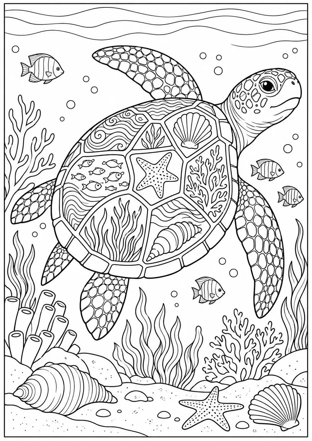 Mother and baby sea turtle coloring page for adults