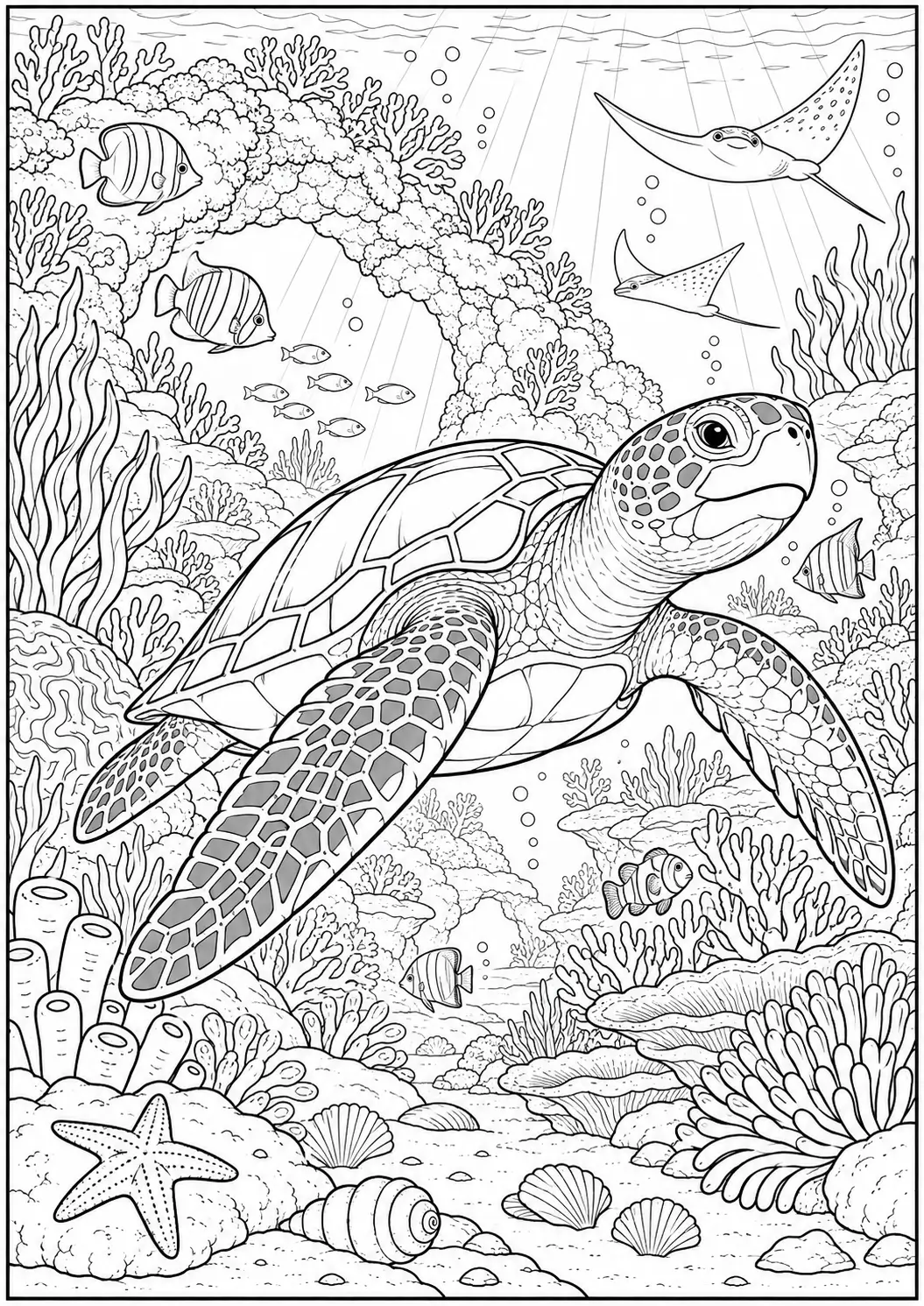 Sea turtle with ocean pattern shell coloring page for adults