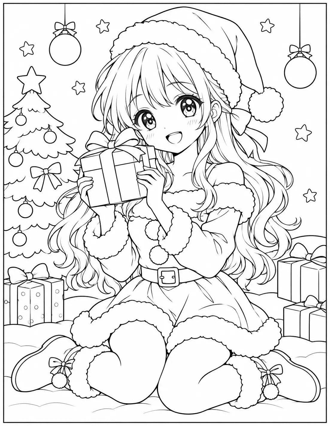 Cute anime girl wearing a Santa outfit and holding a Christmas present coloring page