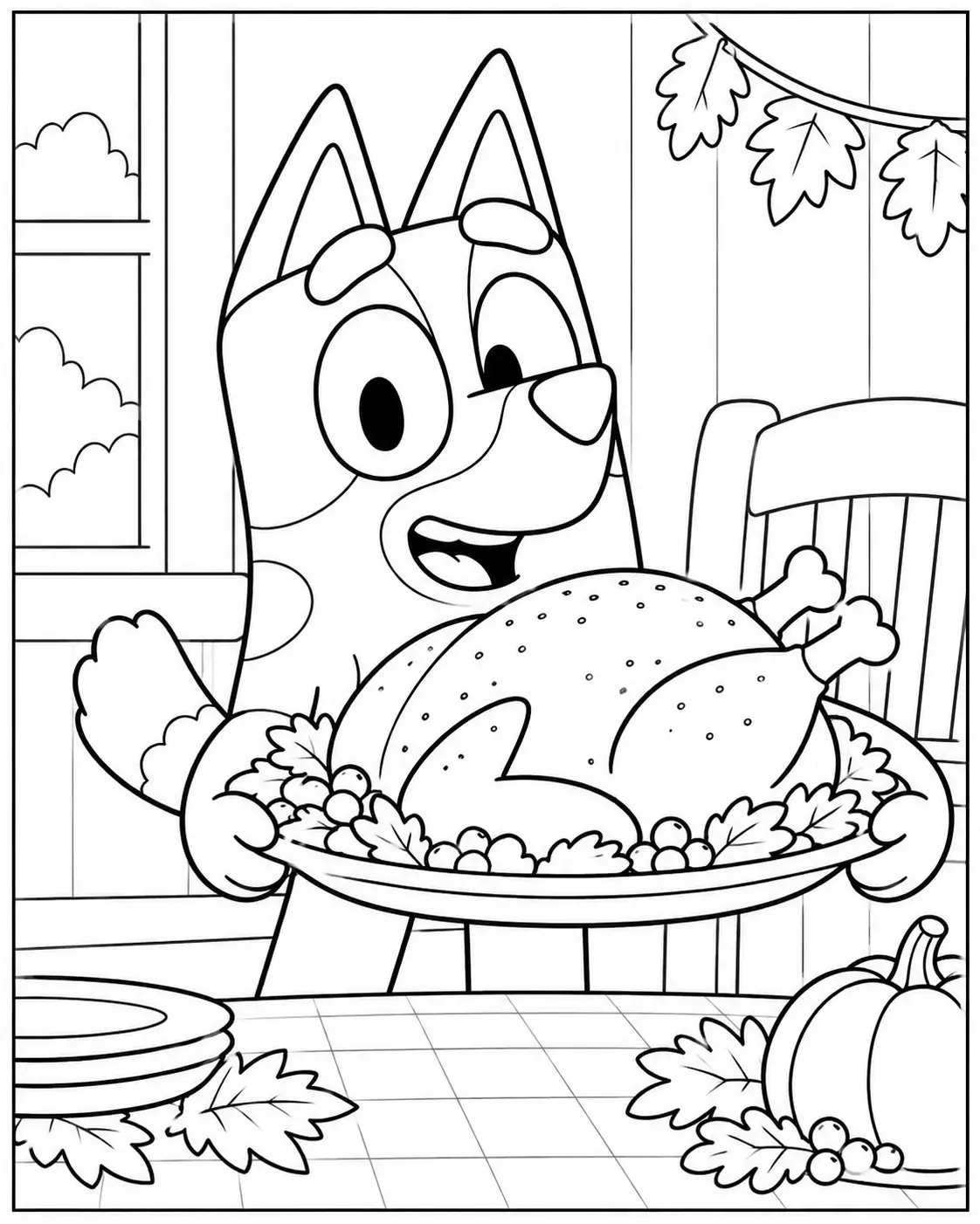 Bluey holding a Thanksgiving turkey coloring page