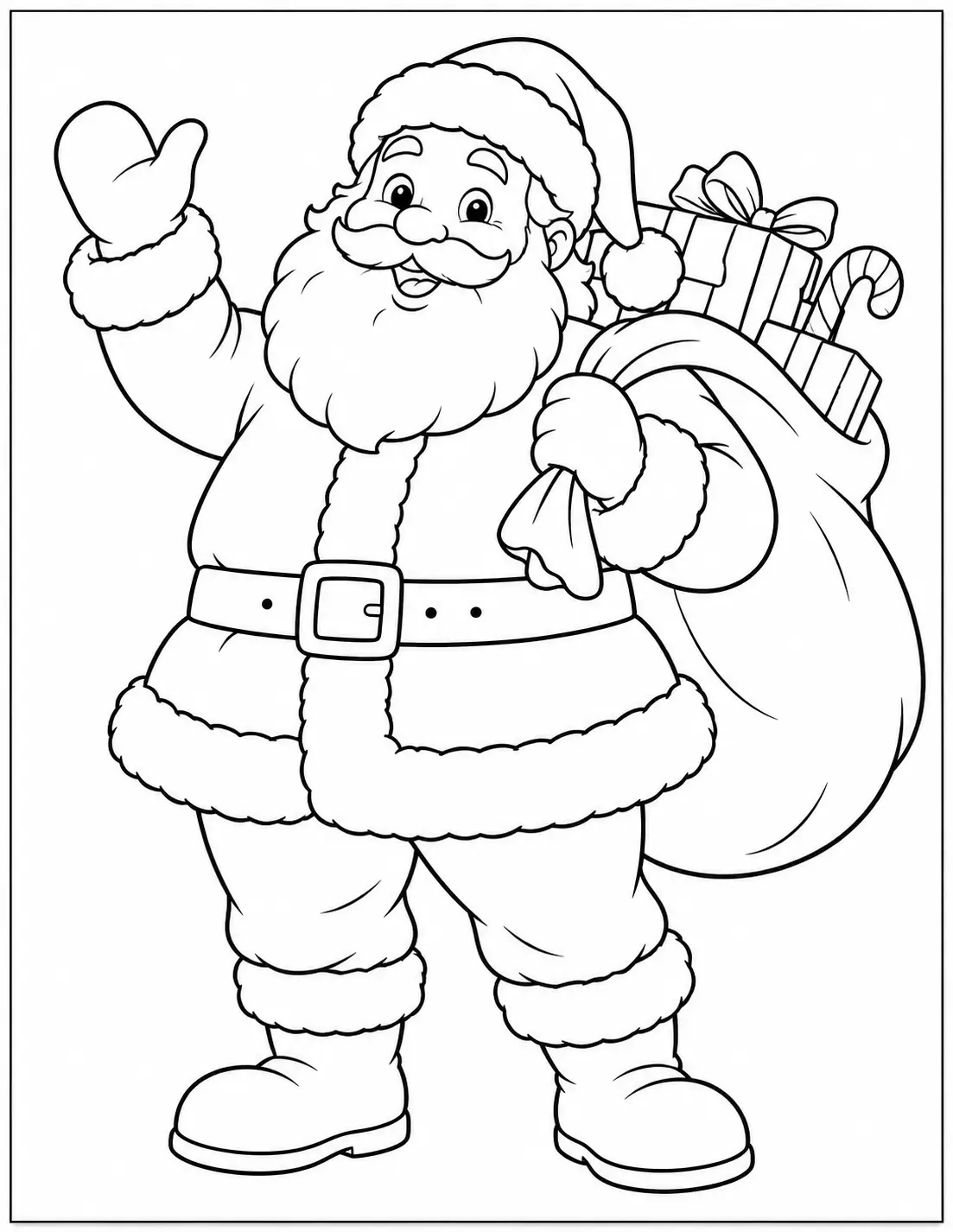 Smiling Santa Claus waving beside a sack filled with Christmas gifts coloring page