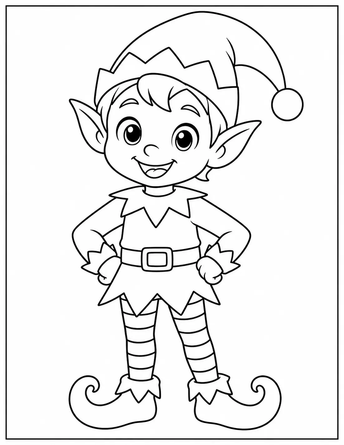 Smiling Christmas elf in a pointy hat, striped socks, and curled shoes coloring page