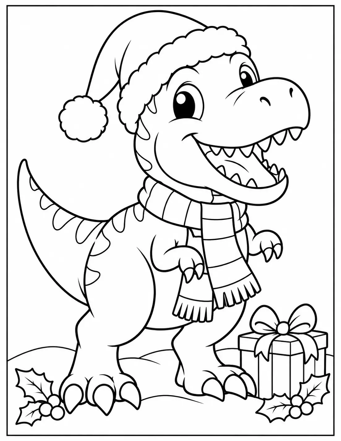 Cute T-Rex wearing a Santa hat and scarf beside a Christmas present coloring page
