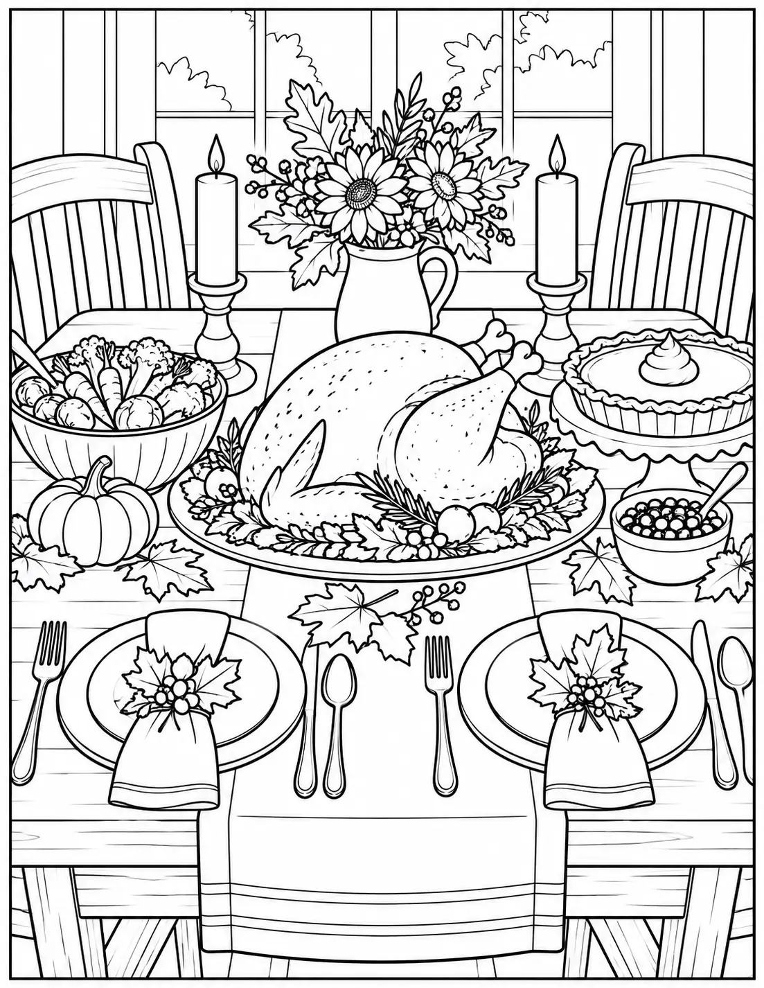 Thanksgiving dinner table adult coloring page