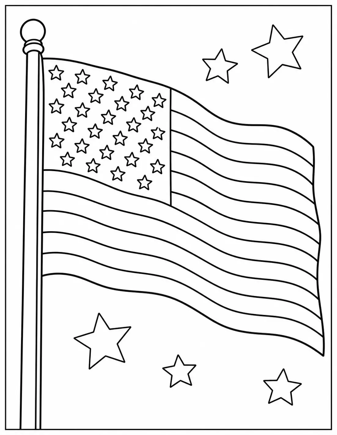 Large waving American flag on a flagpole with stars, Veterans Day coloring page