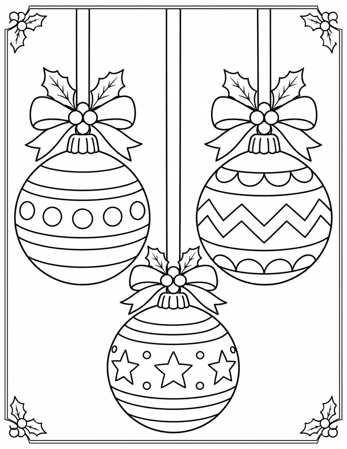 Three hanging Christmas baubles with stripes, dots and stars coloring page