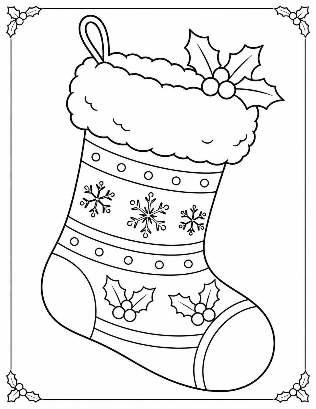 Classic Christmas stocking coloring page with fluffy cuff, holly leaves, snowflakes, and striped decorations