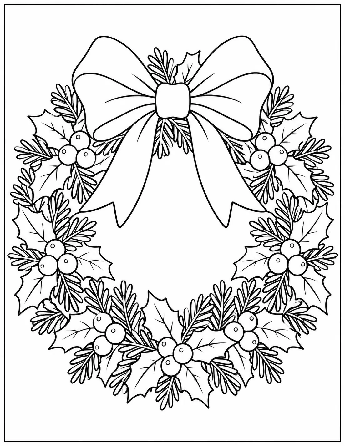 Classic Christmas wreath coloring page with holly berries and a large ribbon bow