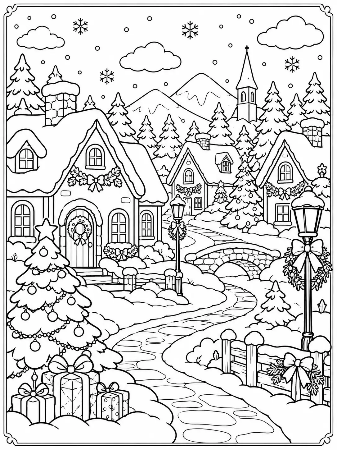 Cozy snowy Christmas village with decorated cottages, Christmas trees, and a winding path