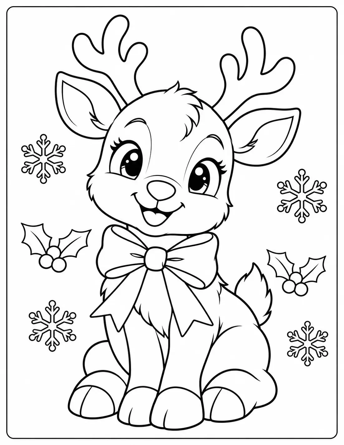 Cute baby reindeer with a Christmas bow, snowflakes and holly coloring page