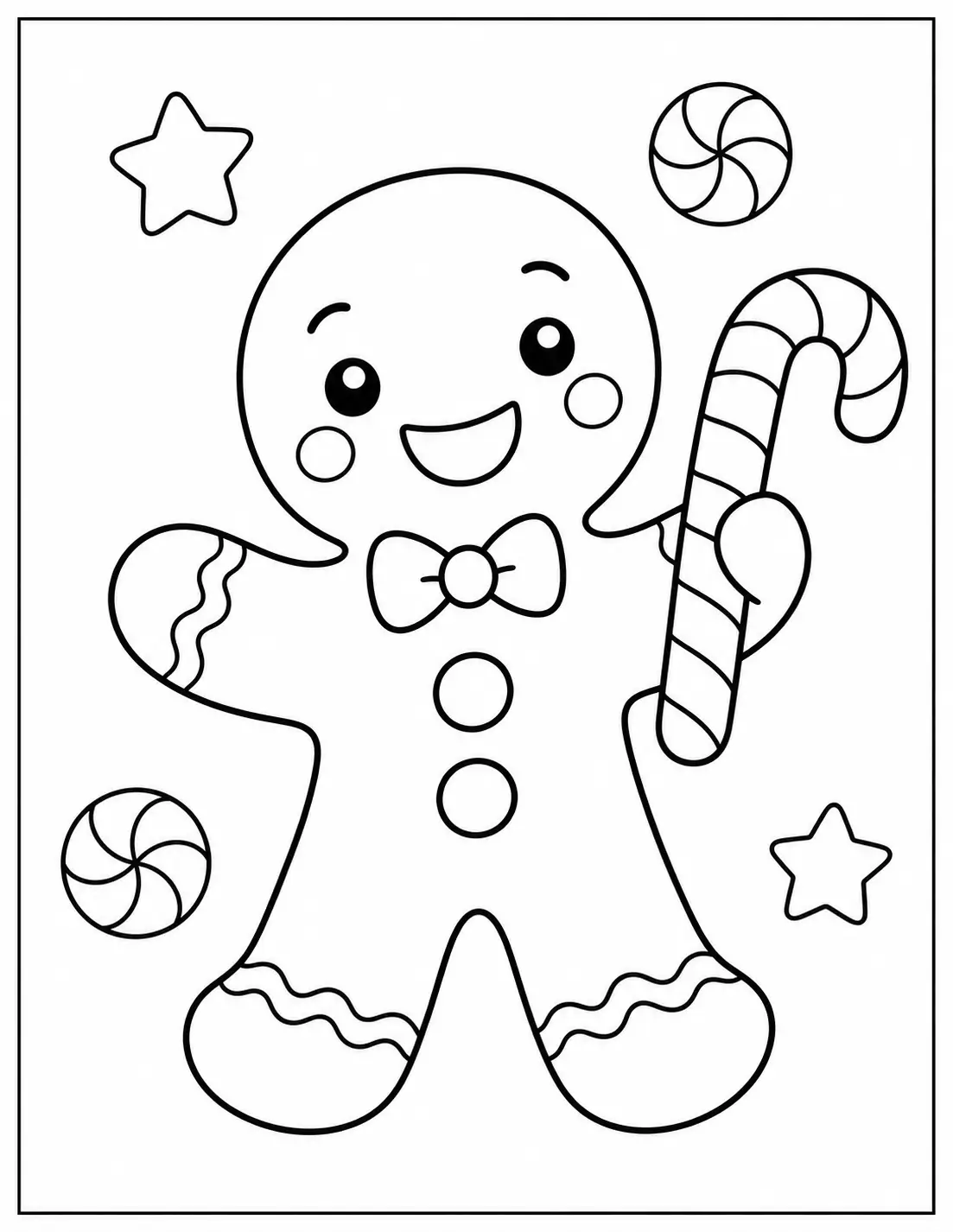 Smiling gingerbread man cookie holding a candy cane coloring page